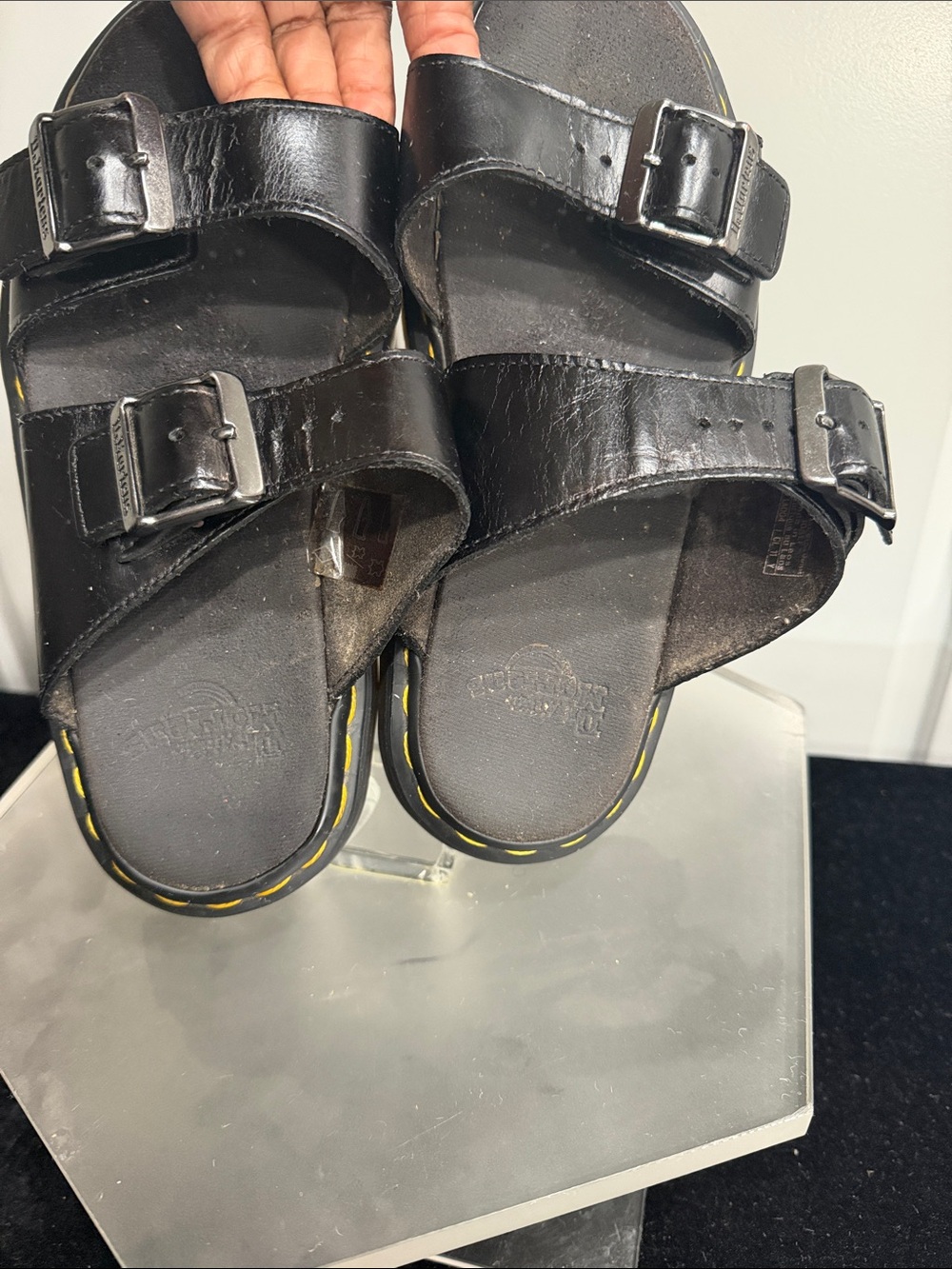Dr. Martens Black Double-Buckle Slide Sandals with Yellow Stitching Sz 7